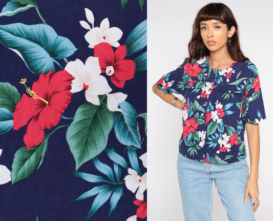 80s Tropical Floral Button-Up Blouse Short Sleeve Blue Medium Large