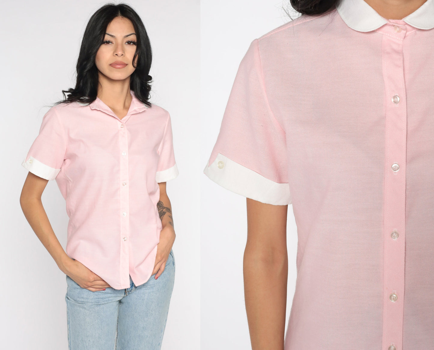 80s Baby Pink Peter Pan Collar Button-Up Blouse Short Sleeve Medium