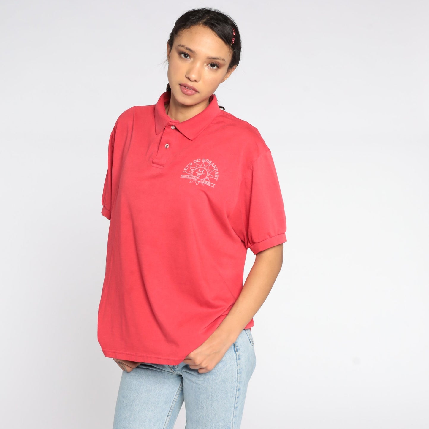 80s Garden Grove USD Food Services Polo Shirt Red Half Button Large