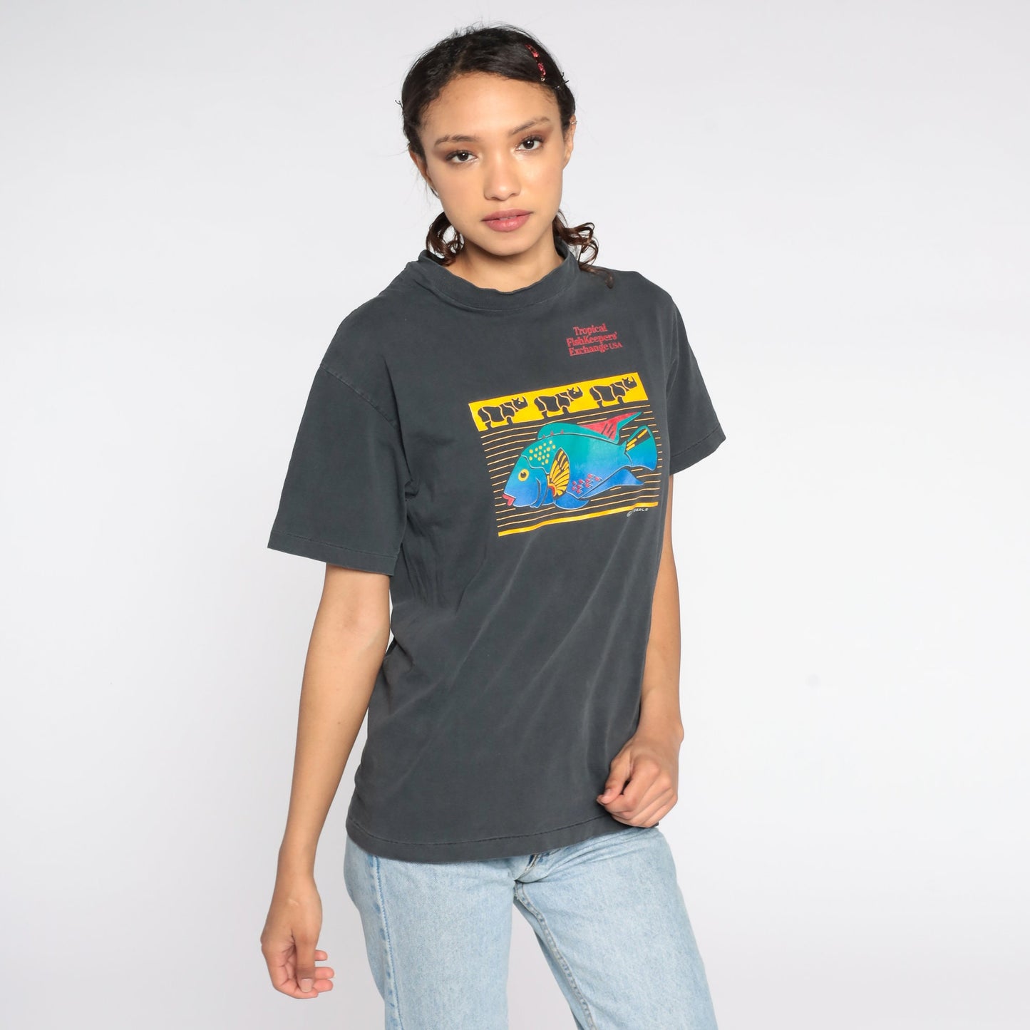 90s Tropical Fishkeepers Exchange Graphic T-Shirt Faded Black Cotton Small