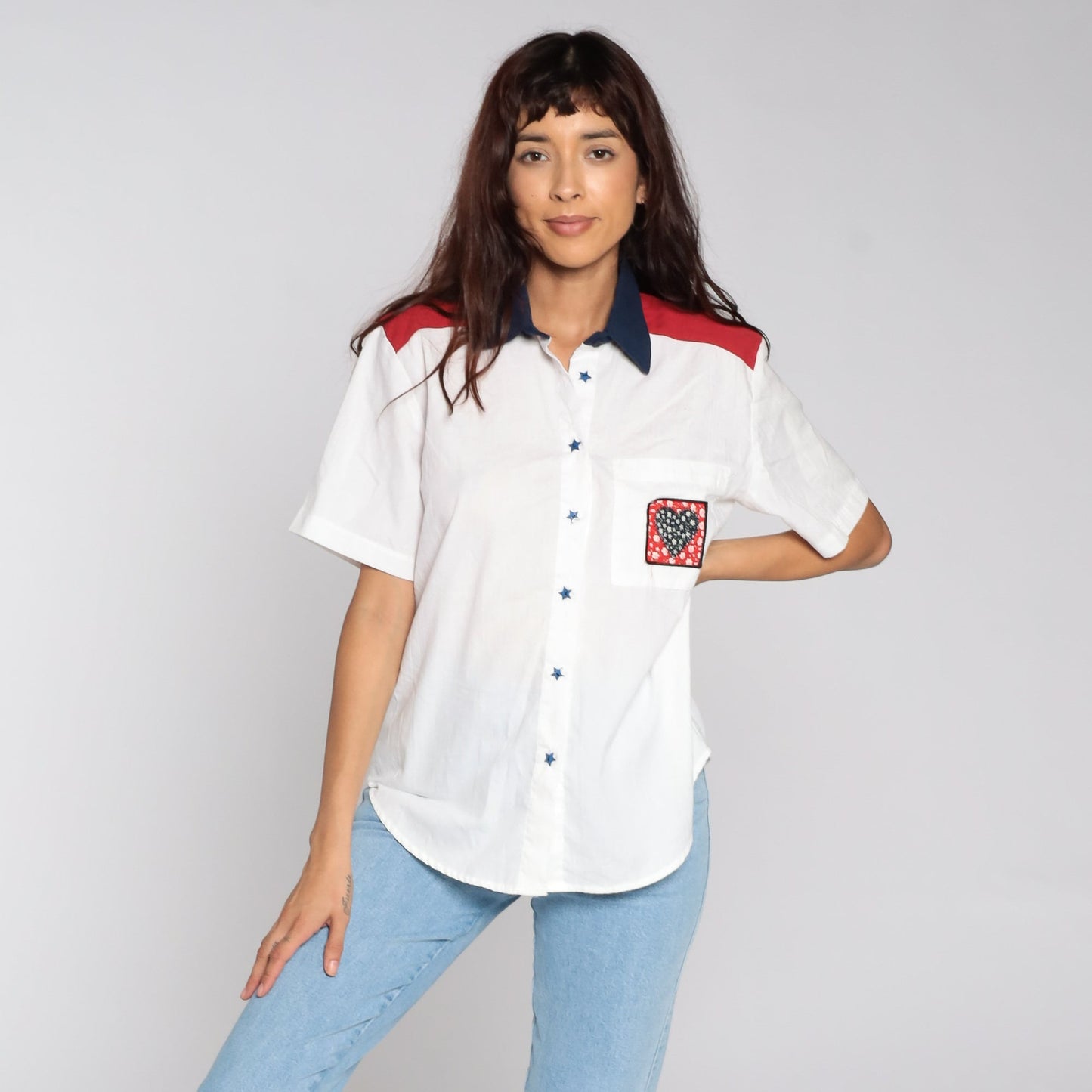80s Heart Print Button Up Blouse White Short Sleeve Star Buttons Small
