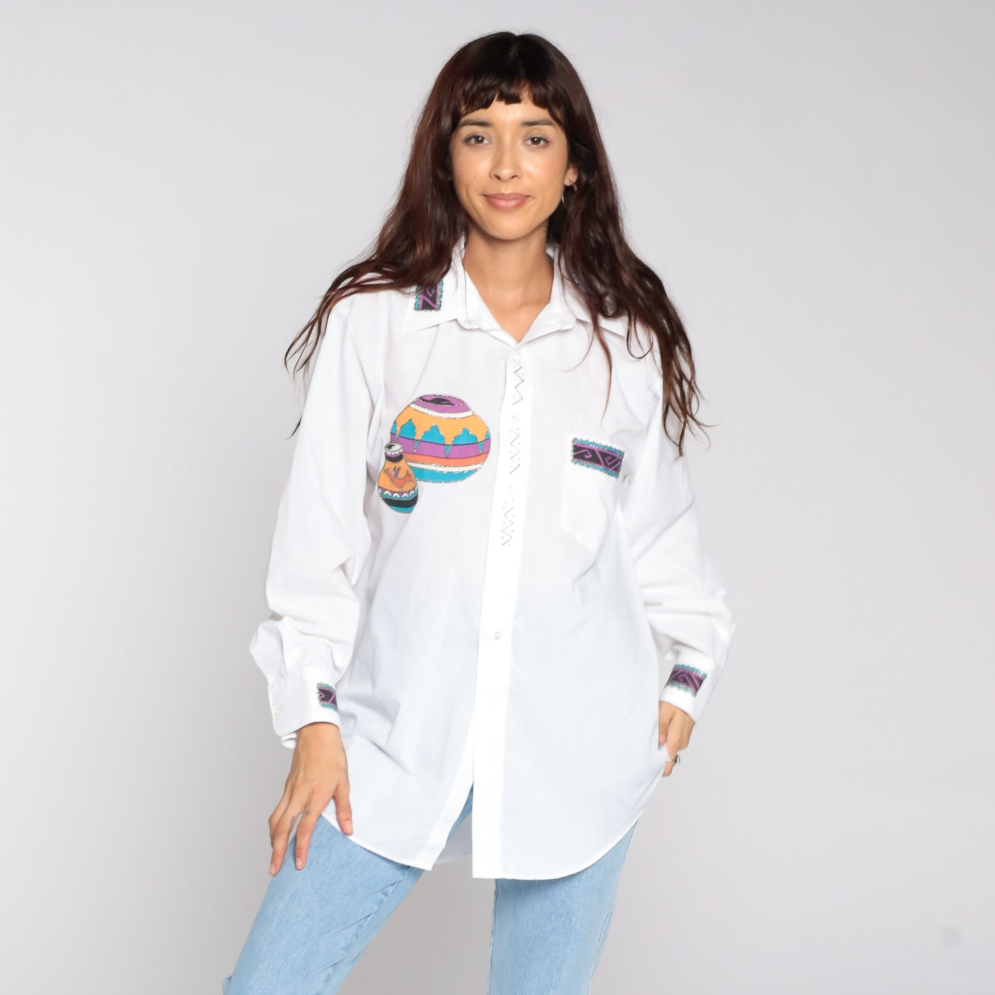 90s Southwestern Print Button Up Shirt White Gold Glitter Large