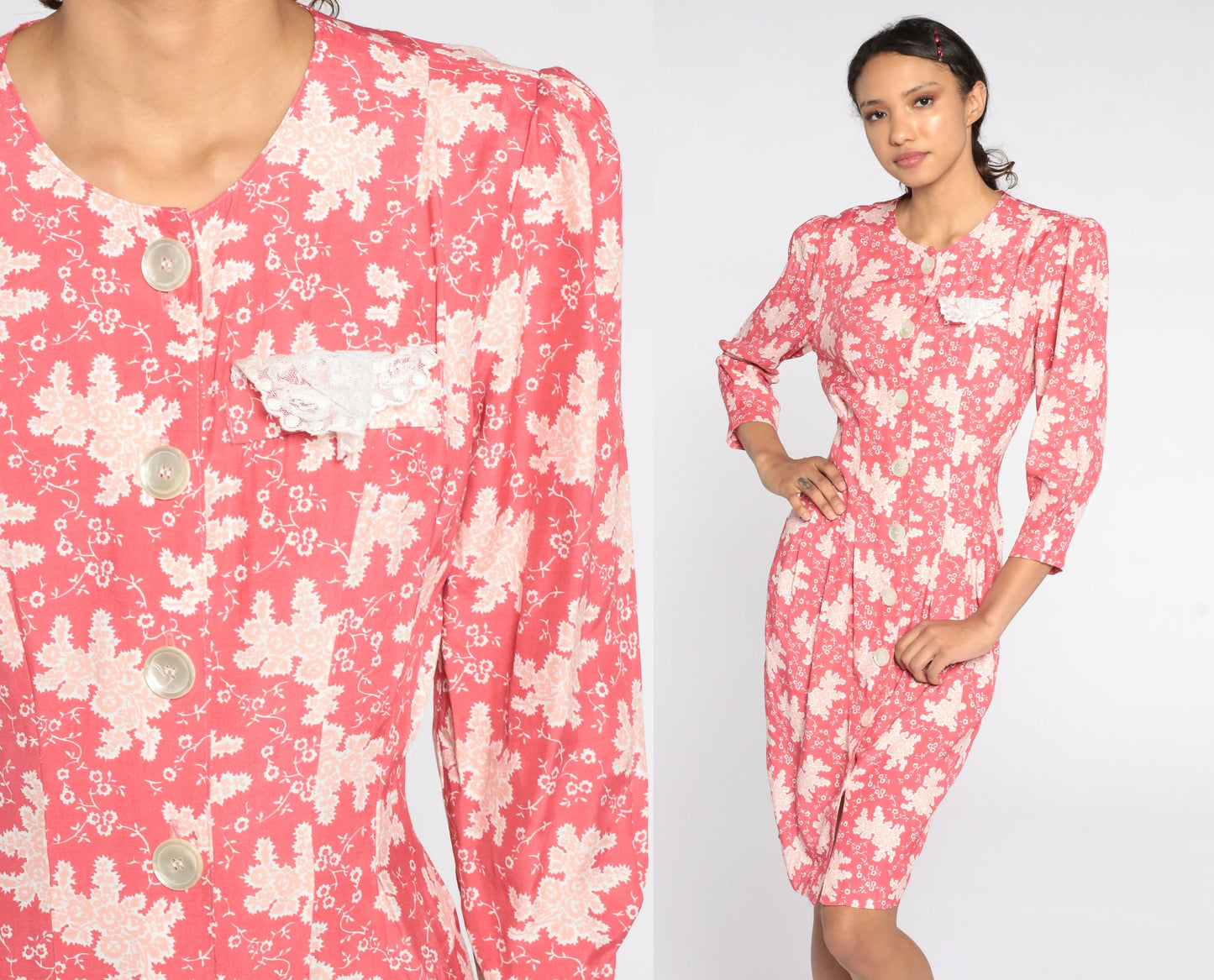 80s Jonathan Martin Floral Mini Dress Puff Sleeve Pink Sheath Small