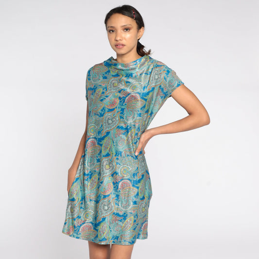 1960s Paisley Psychedelic Mini Shift Dress Blue Cap Sleeve Medium
