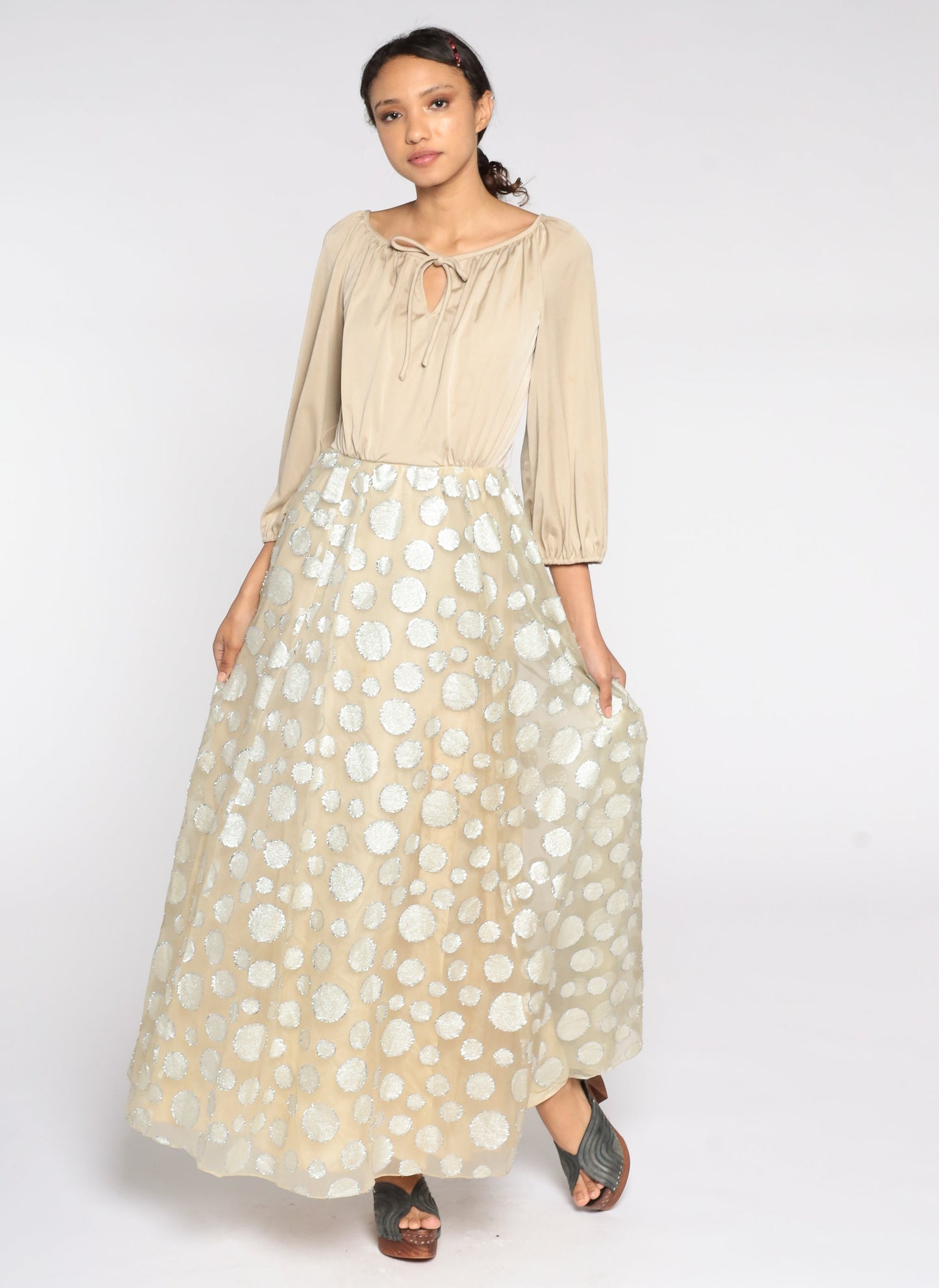 70s Beige Maxi Dress Silver Metallic Circle Skirt Long Sleeve High Waist Small