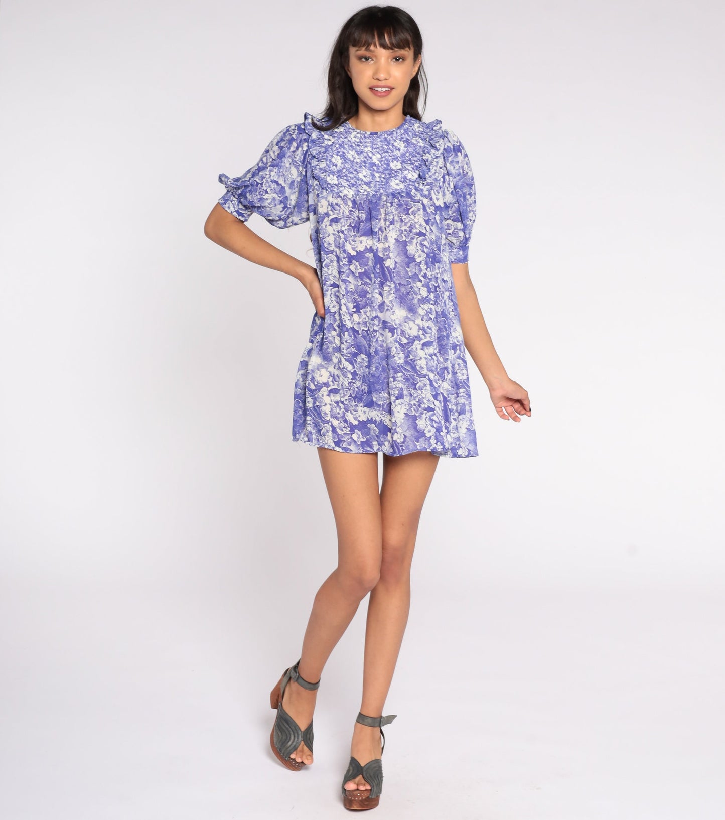 70s Mako Hawaii Floral Mini Dress Puff Sleeve Tent Cut Purple Small