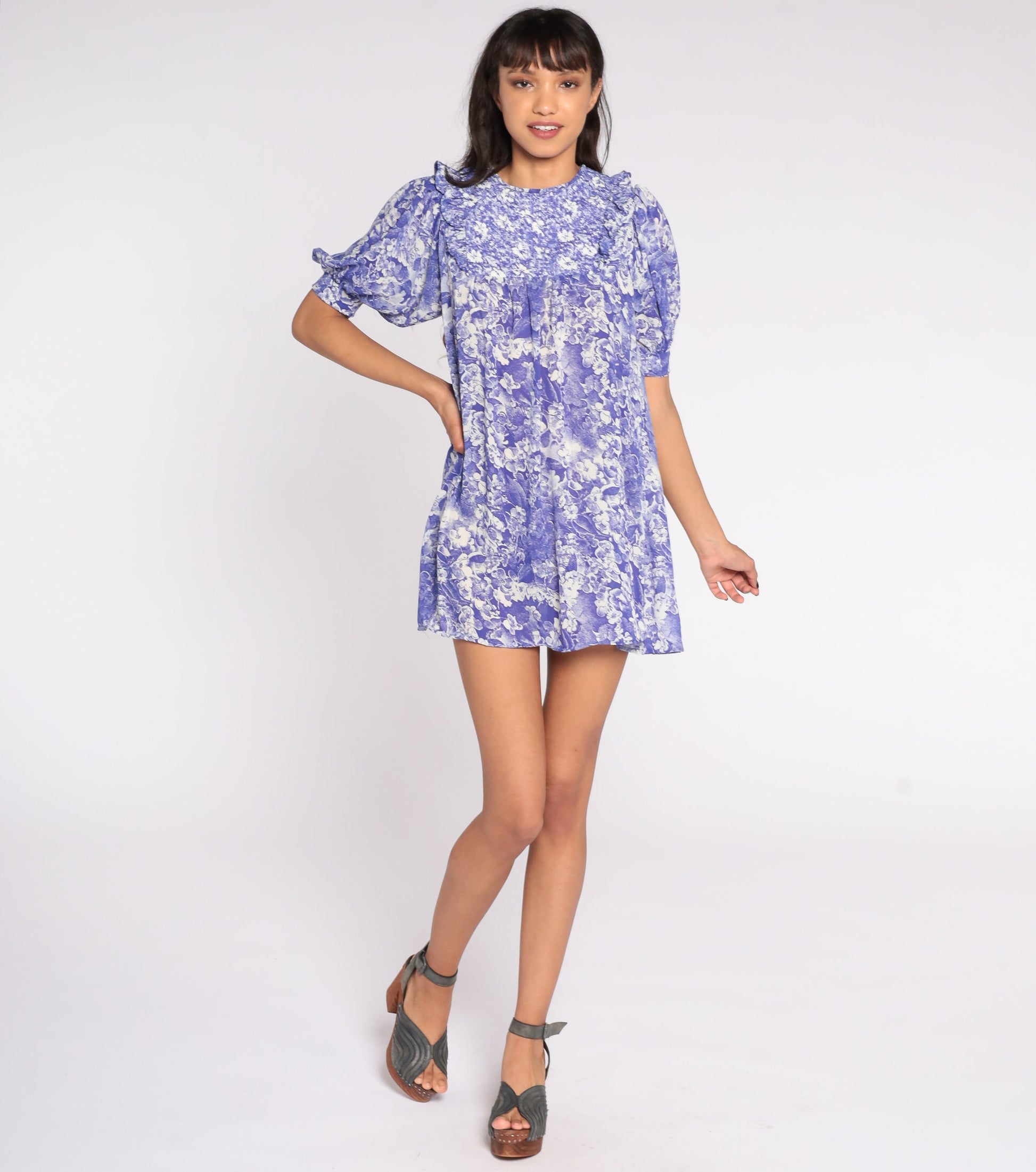 70s Mako Hawaii Floral Mini Dress Puff Sleeve Tent Cut Purple Small
