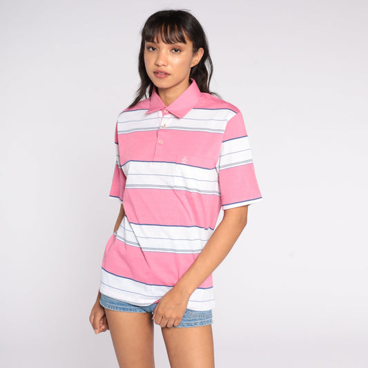 80s Munsingwear Polo Shirt Pink Striped Half-Button Cotton Medium