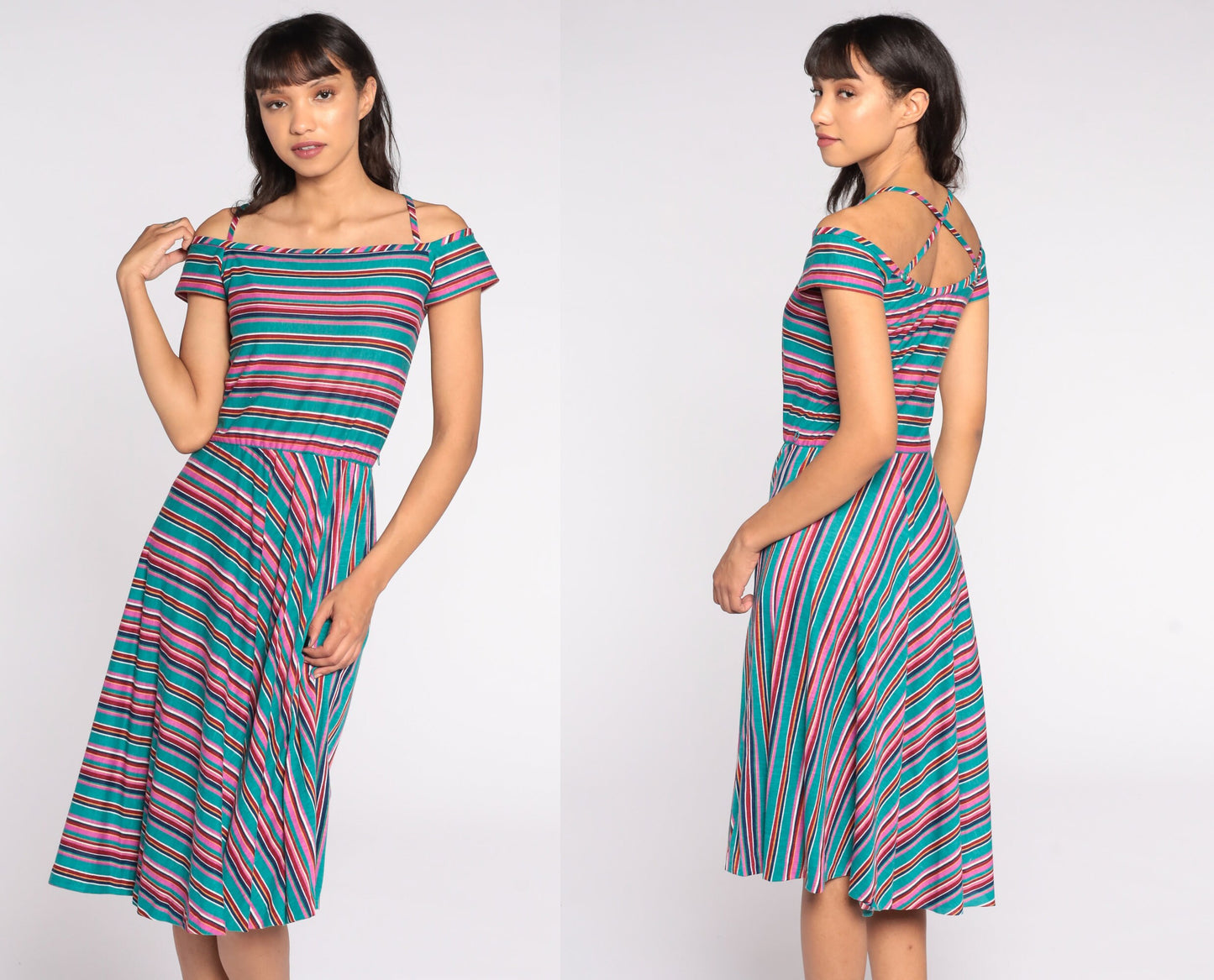 70s Teal Striped Midi Dress Off-Shoulder Criss-Cross Straps Extra Small