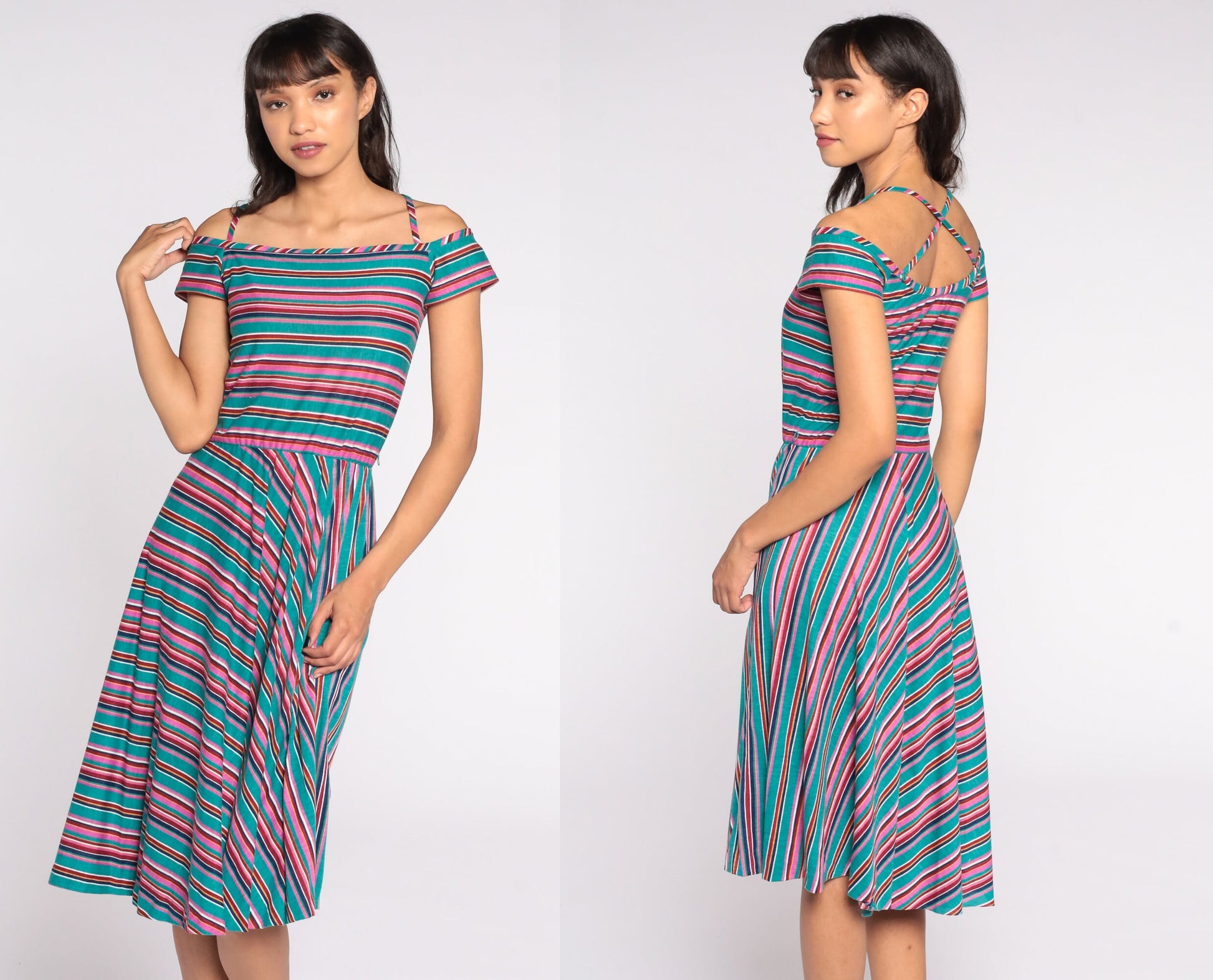 70s Teal Striped Midi Dress Off-Shoulder Criss-Cross Straps Extra Small