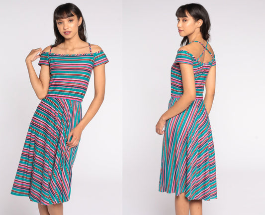 70s Teal Striped Midi Dress Off-Shoulder Criss-Cross Straps Extra Small