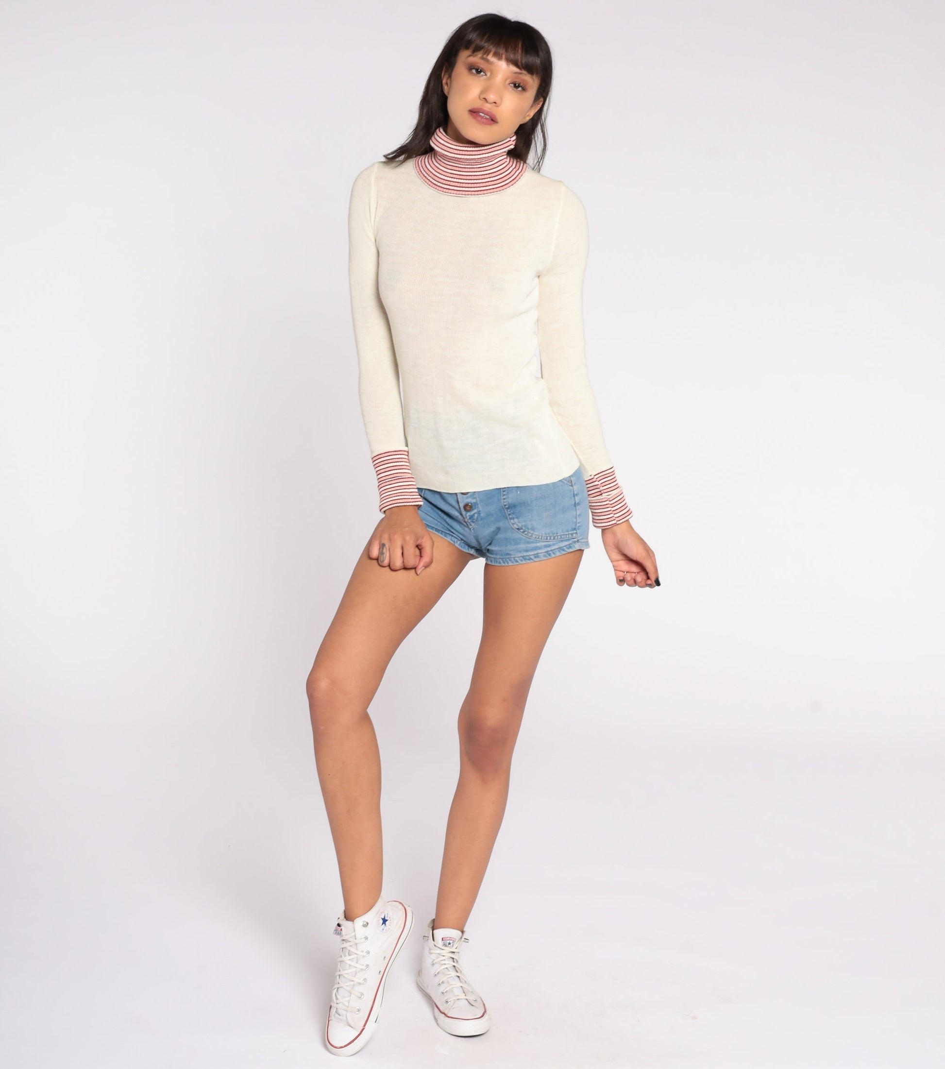 70s Striped Turtleneck Sweater Off-White Knit Pullover Small S