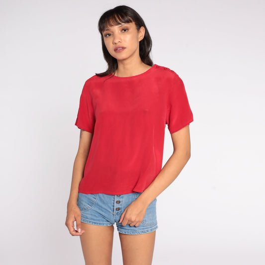 80s Red Silk Button-Up Blouse Short Sleeve Shirt Medium
