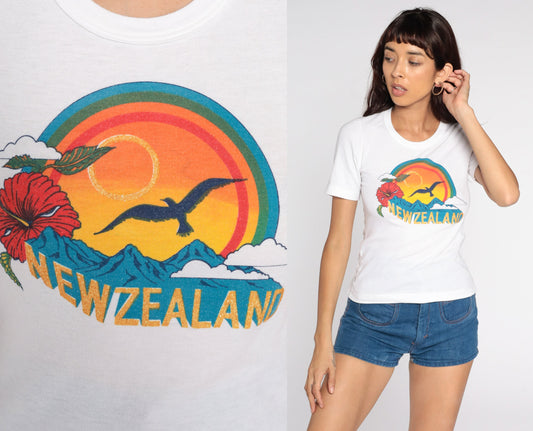 80s New Zealand Graphic Tee Rainbow Sunset Mountain Single Stitch Small
