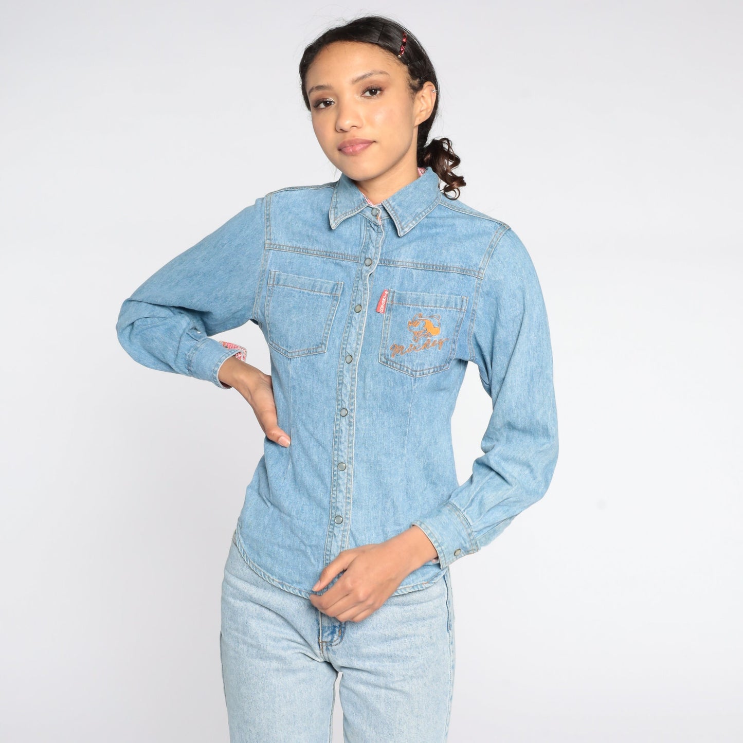 90s Disney Mickey Mouse Denim Pearl Snap Western Shirt Extra Small