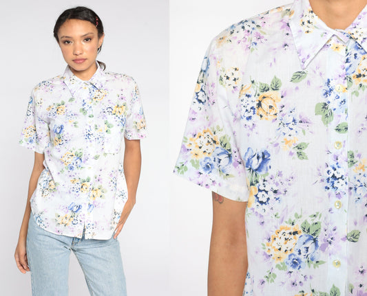 90s Blue Floral Button-Up Shirt Short Sleeve Cotton Blouse Small Petite
