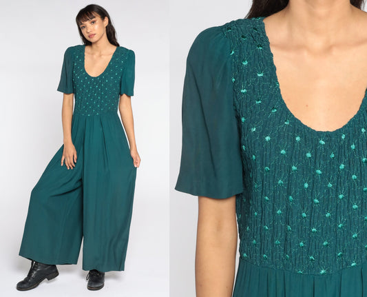 90s Green Jumpsuit Wide Leg Puff Sleeve Embroidered Button Up Large 12