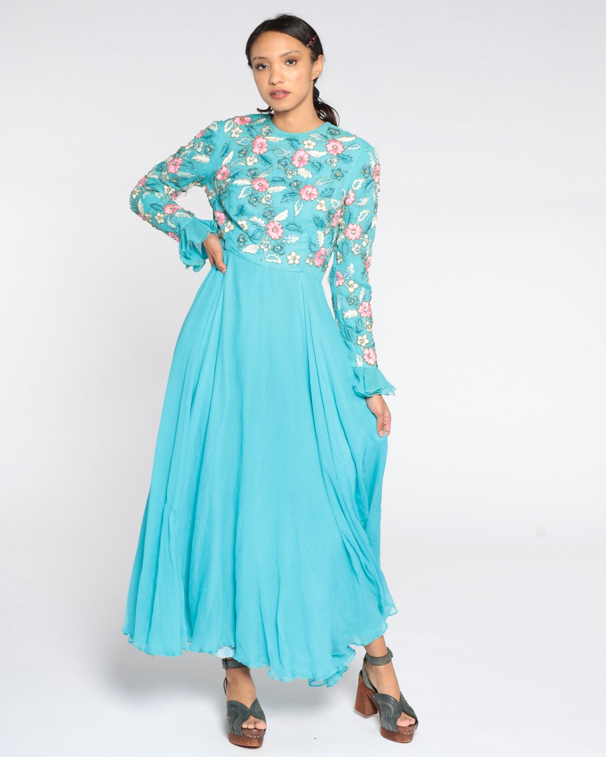 70s Blue Chiffon Maxi Dress Floral Embroidery High Waist Long Sleeve Medium