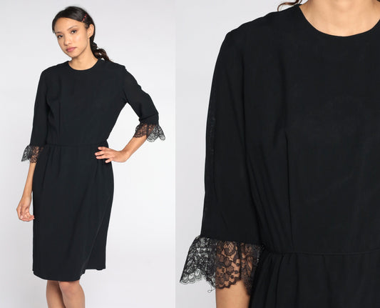 1960s Black Lace Sheath Dress High Waist Tea Length Small