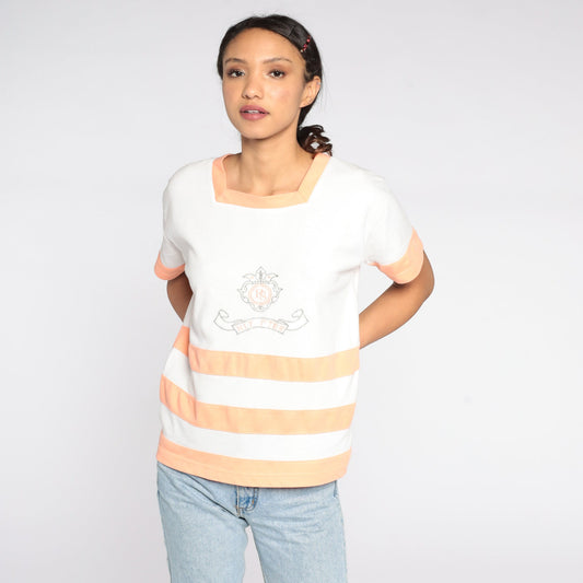 80s Embroidered Crest T-Shirt White Peach Striped Cotton Tee Large L