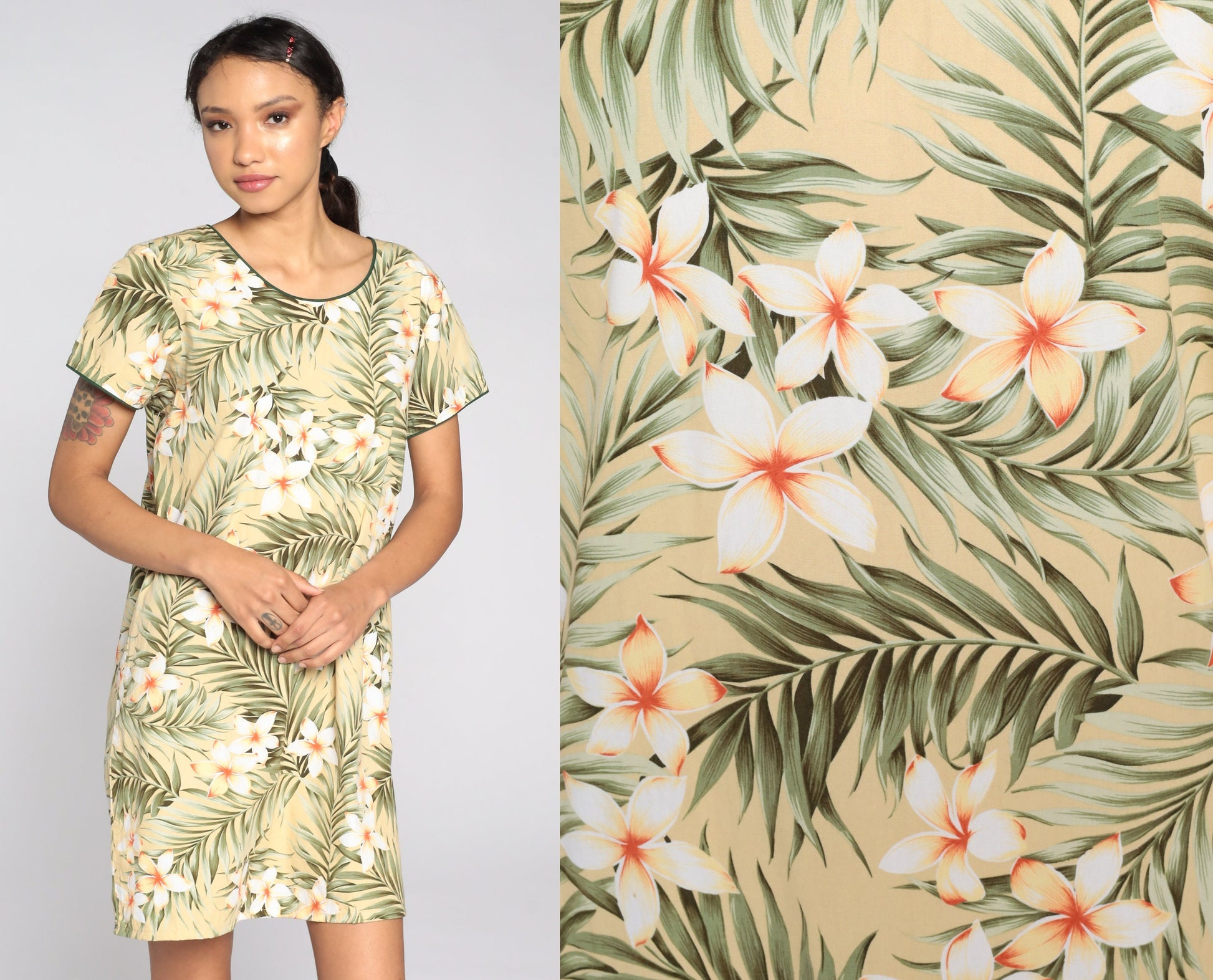 90s Tropical Floral Mini Dress Yellow Shift Cotton Short Sleeve Medium
