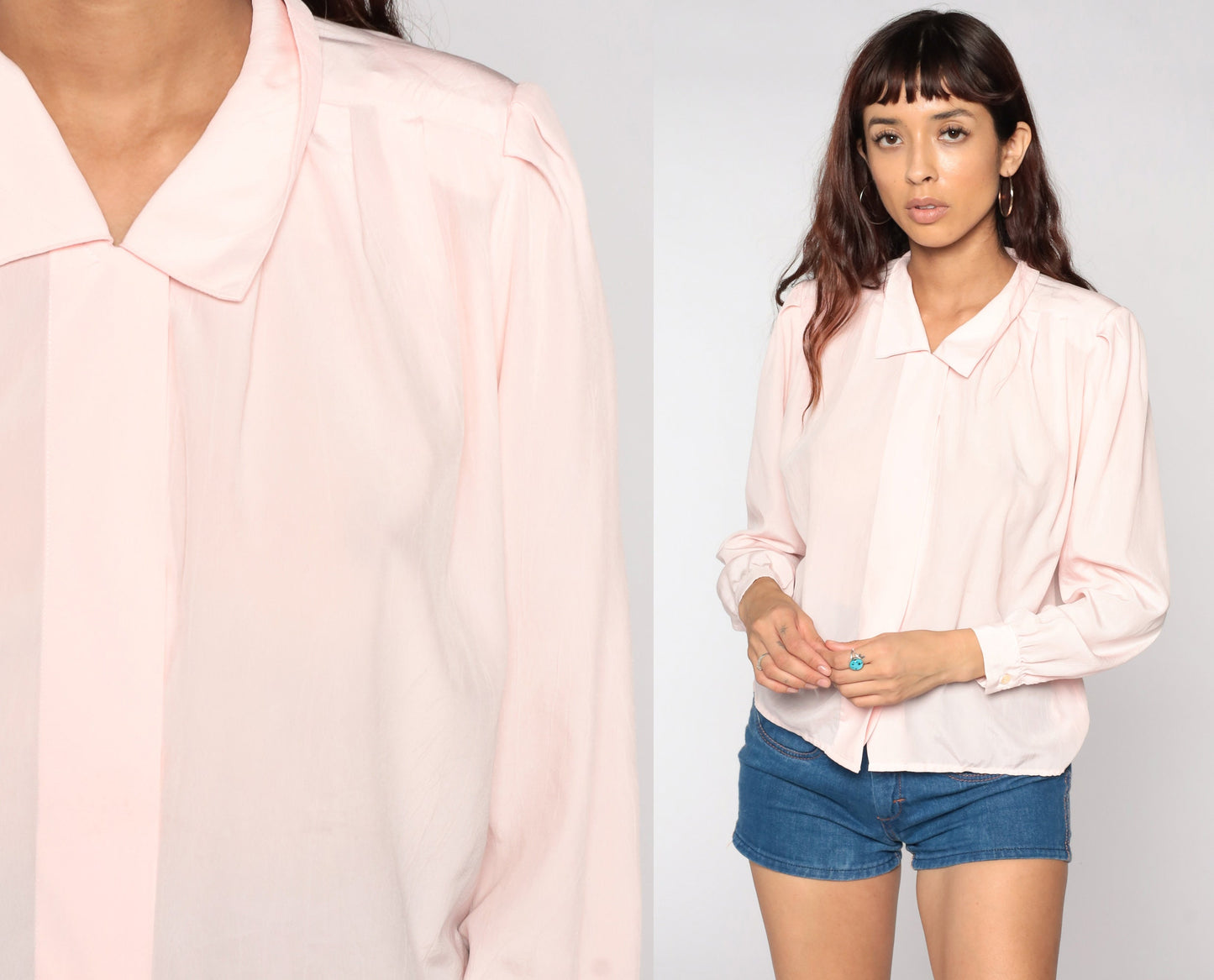 80s Baby Pink Puff Sleeve Button-Up Blouse Collar Shirt Medium