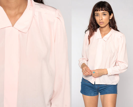 80s Baby Pink Puff Sleeve Button-Up Blouse Collar Shirt Medium