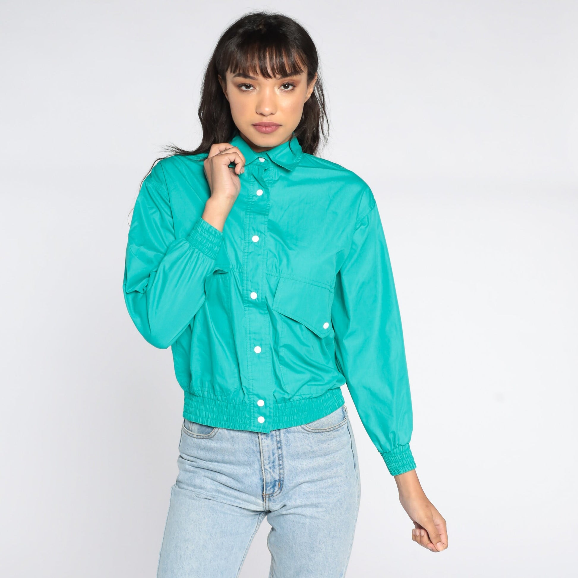 80s Turquoise Bomber Jacket Button-Up Windbreaker Small S