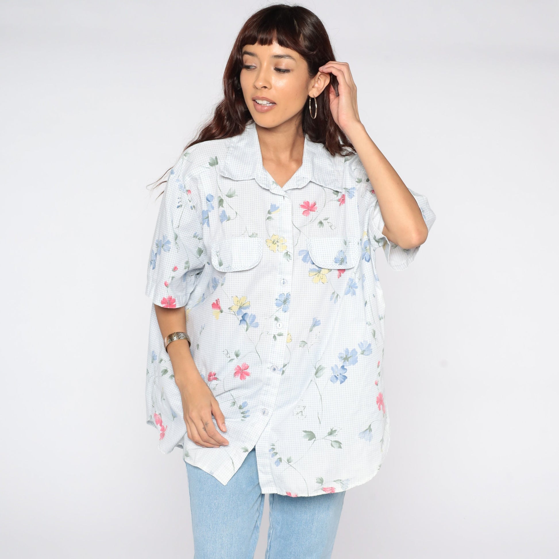 90s Floral Button-Up Blouse Blue Gingham Short Sleeve Shirt Plus Size 20W
