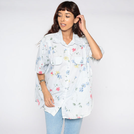90s Floral Button-Up Blouse Blue Gingham Short Sleeve Shirt Plus Size 20W