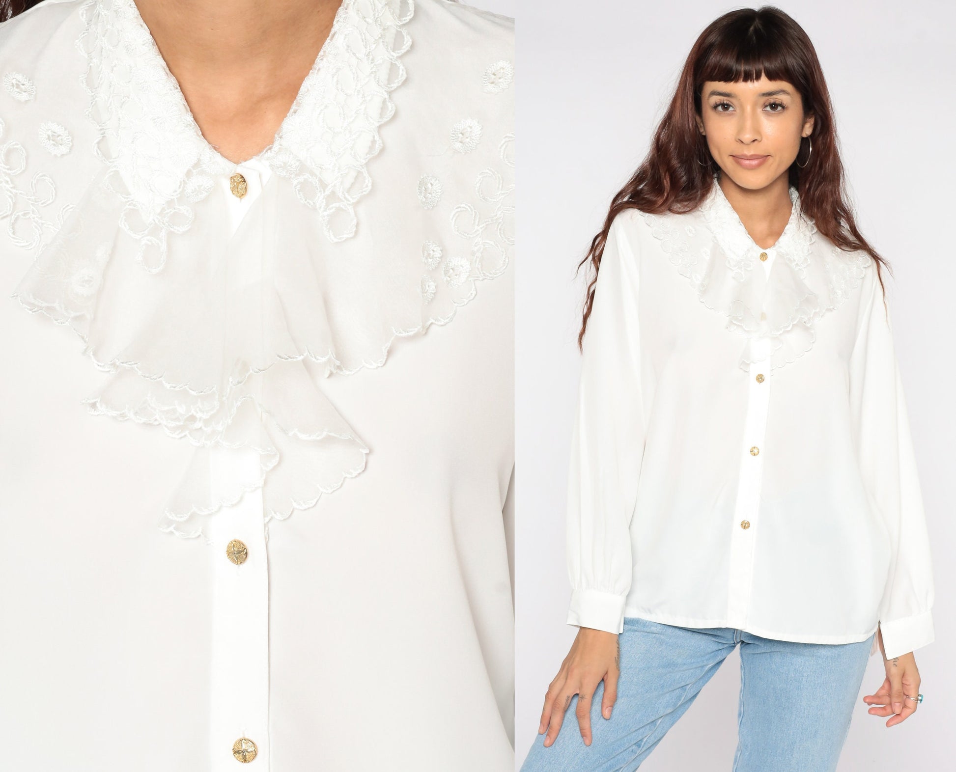 80s White Tuxedo Ruffle Blouse Long Sleeve Button Up Large