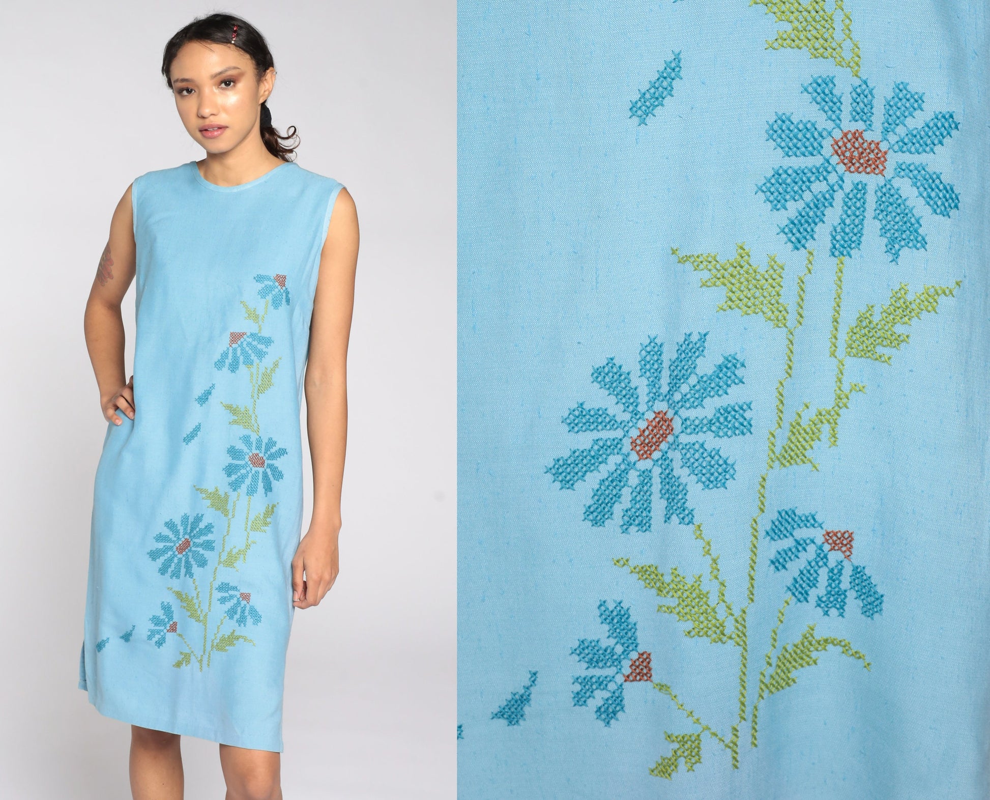 1960s Floral Embroidered Midi Dress Blue Sleeveless Sheath Small