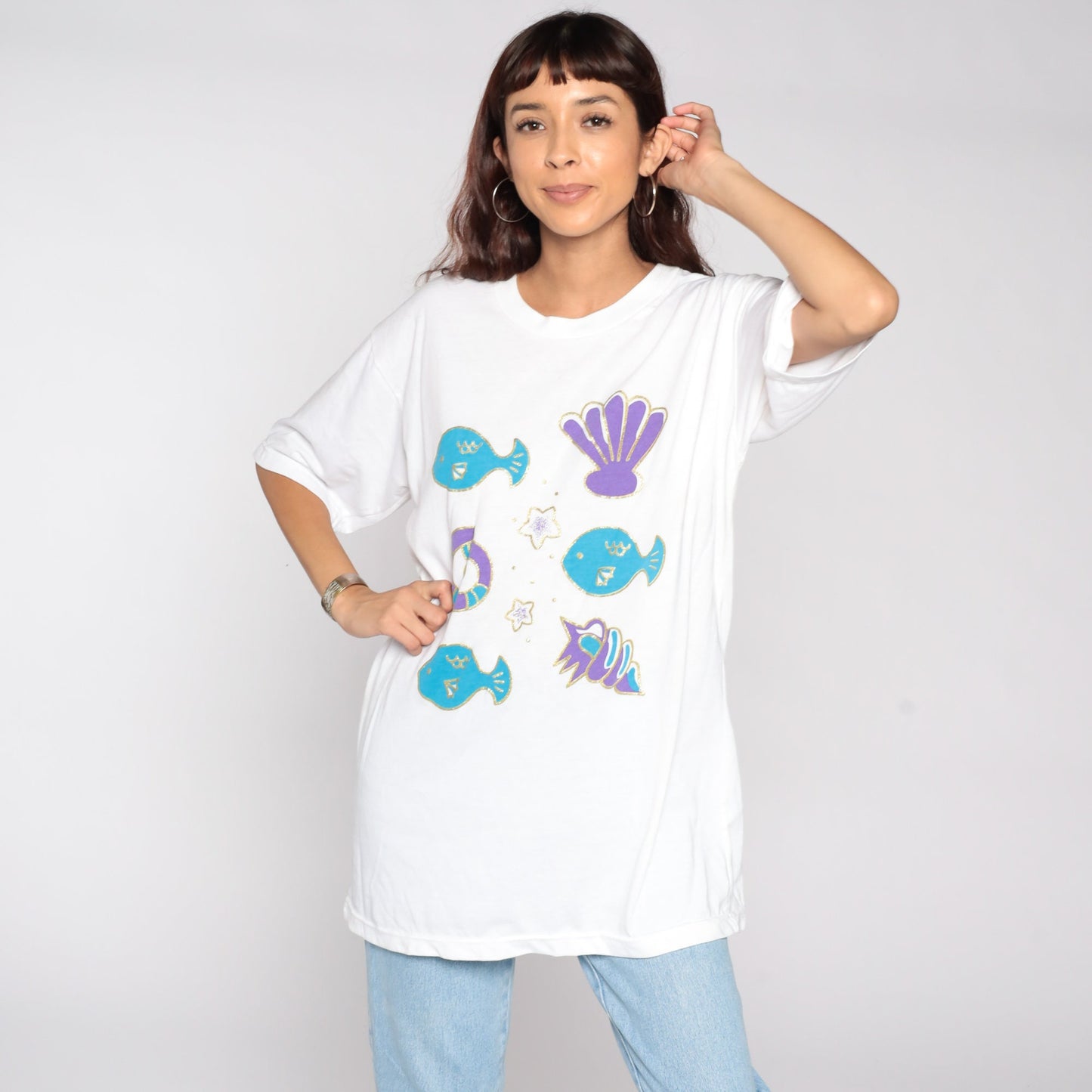 90s Fish Seashell Graphic T-Shirt Under The Sea Print Extra Large XL
