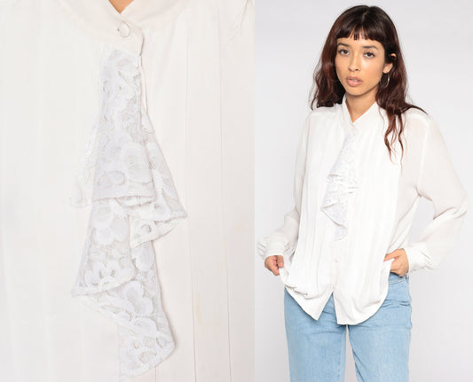 80s White Lace Tuxedo Blouse Ruffle Front Button Up Long Sleeve Medium