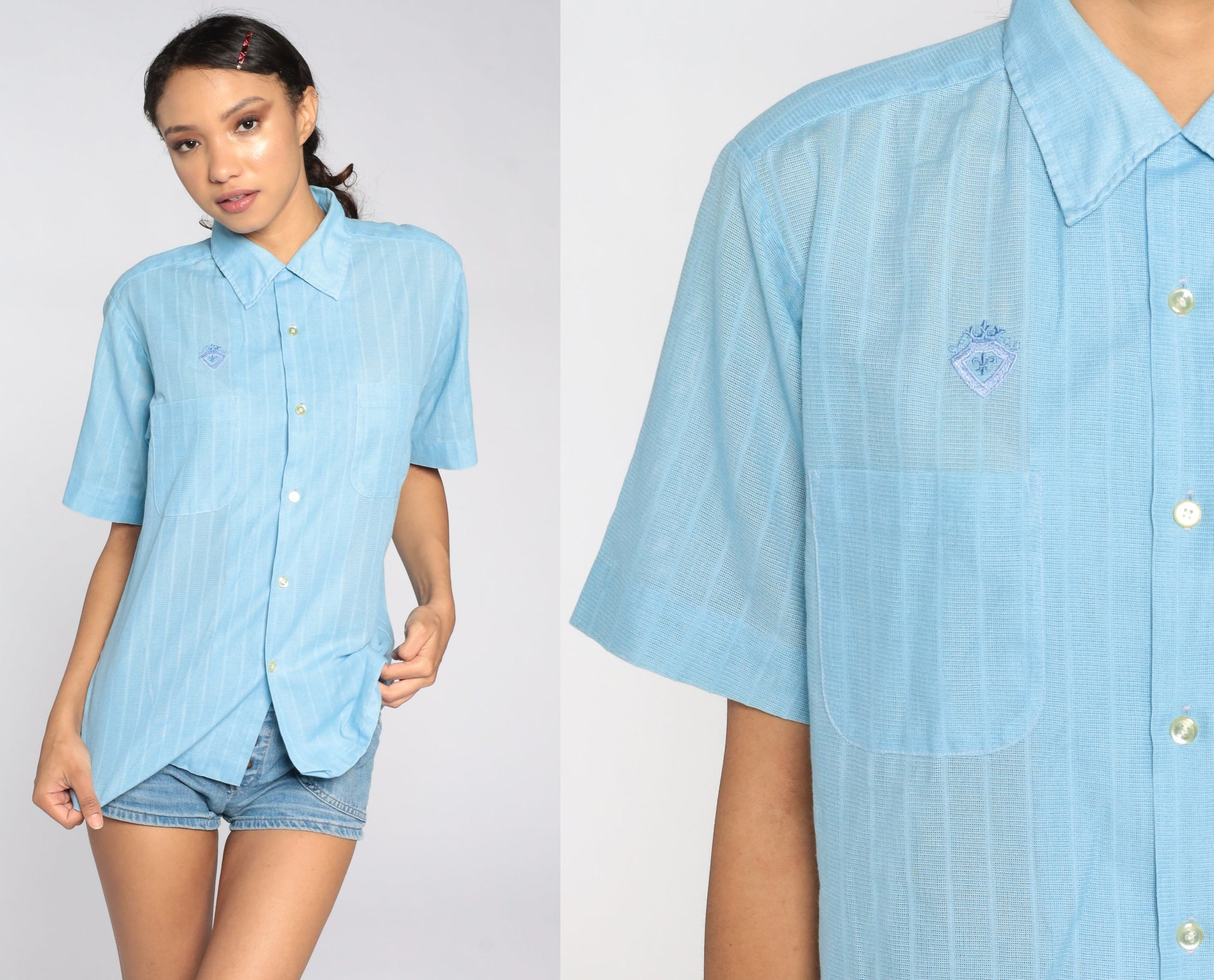 70s Light Blue Button-Up Shirt Fleur De Lis Crest Pointed Collar Short Sleeve Large