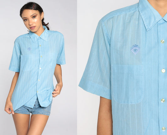 70s Light Blue Button-Up Shirt Fleur De Lis Crest Pointed Collar Short Sleeve Large