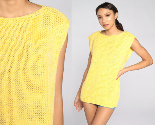 80s Yellow Knit Sweater Cap Sleeve Boat Neck Top Medium