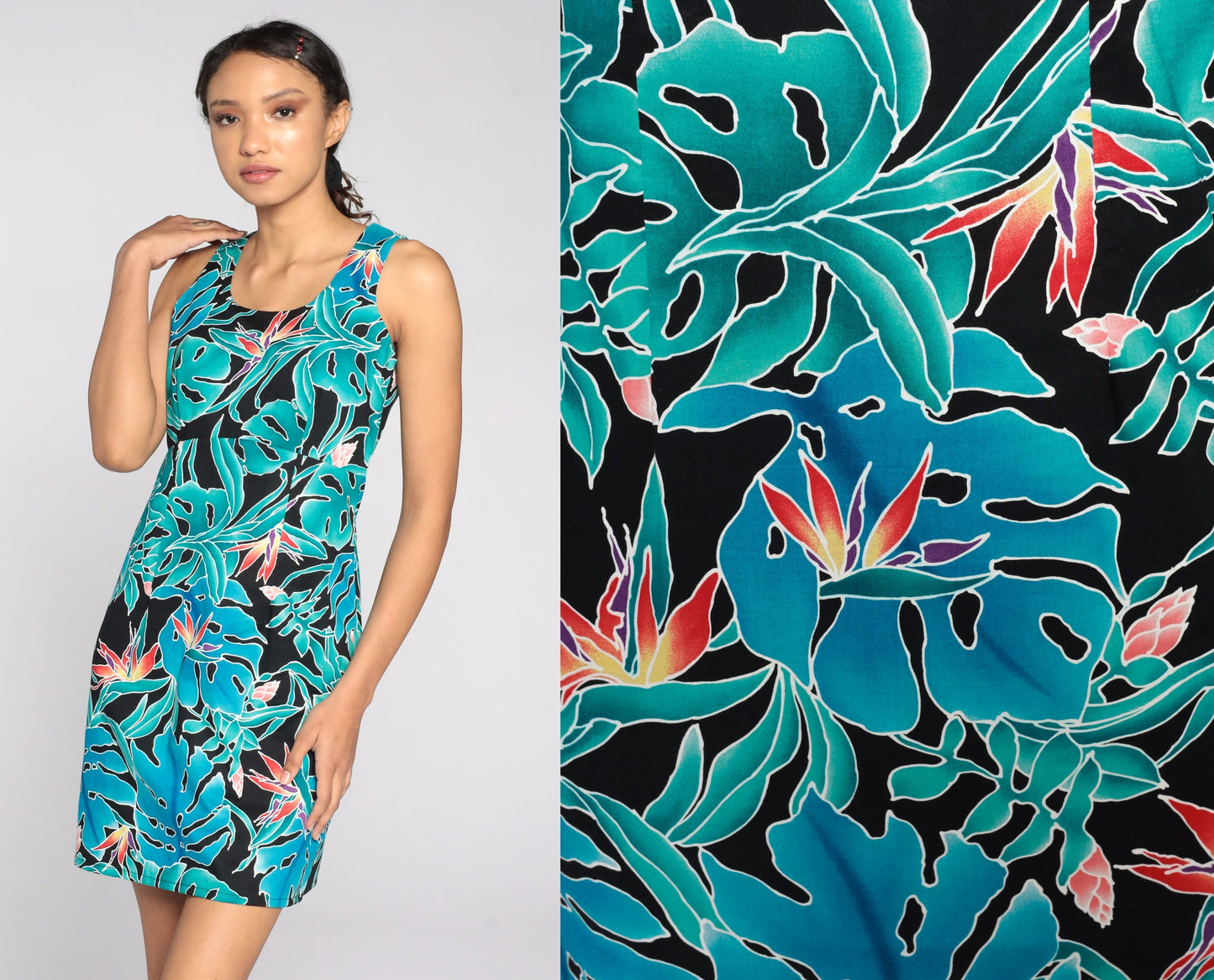 90s Floral Tropical Mini Sundress Shift Sleeveless Blue Green Extra Small