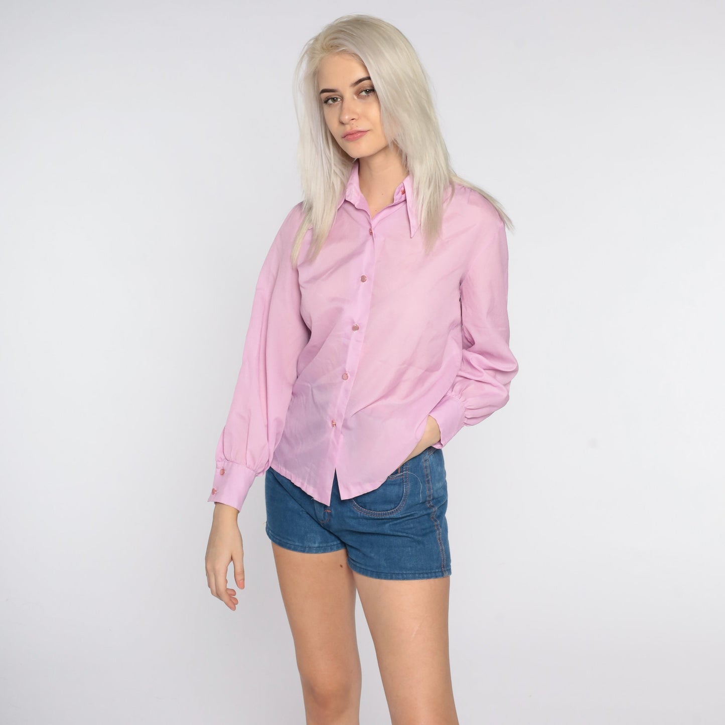 70s Lavender Dagger Collar Button-Up Shirt Long Sleeve Medium