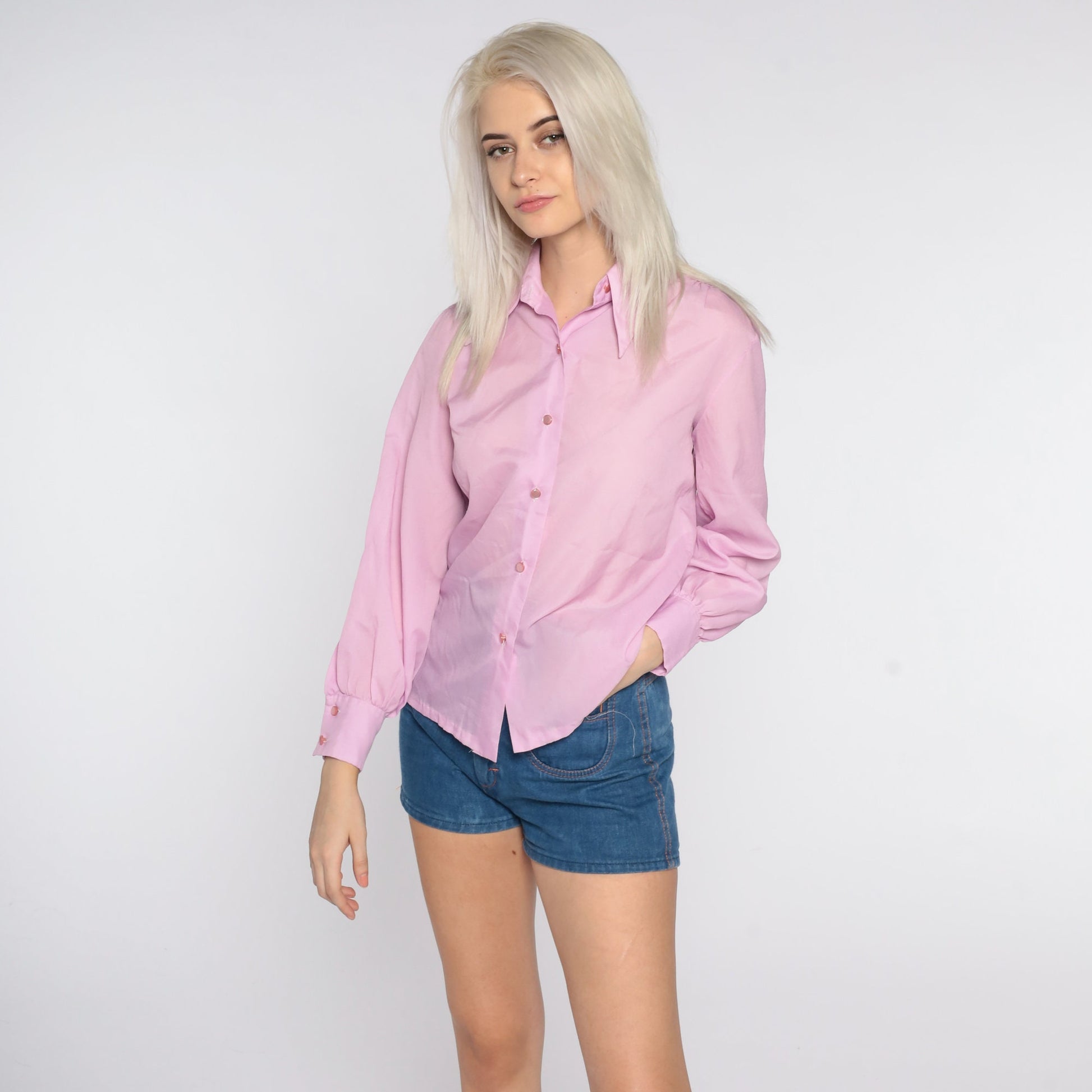70s Lavender Dagger Collar Button-Up Shirt Long Sleeve Medium