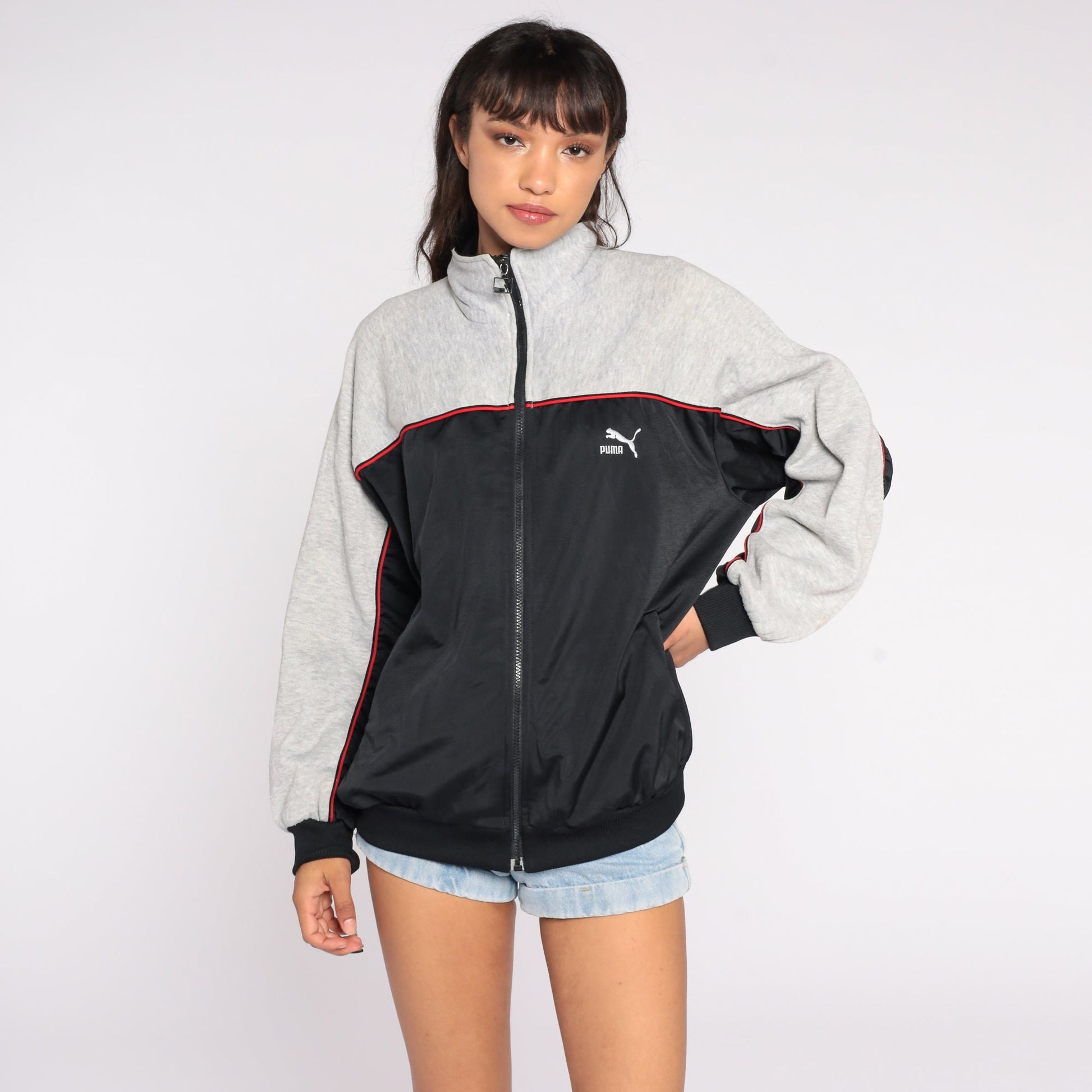 80s Puma Track Jacket Zip Up Sweatshirt Grey Black Striped Extra Large XL