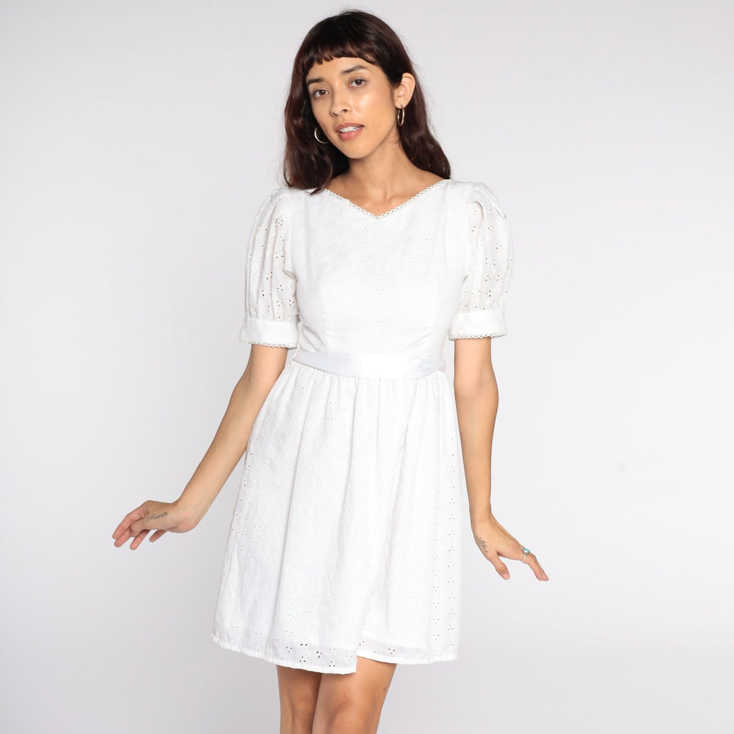 80s Lanz White Eyelet Midi Dress Puff Sleeve High Waist Extra Small