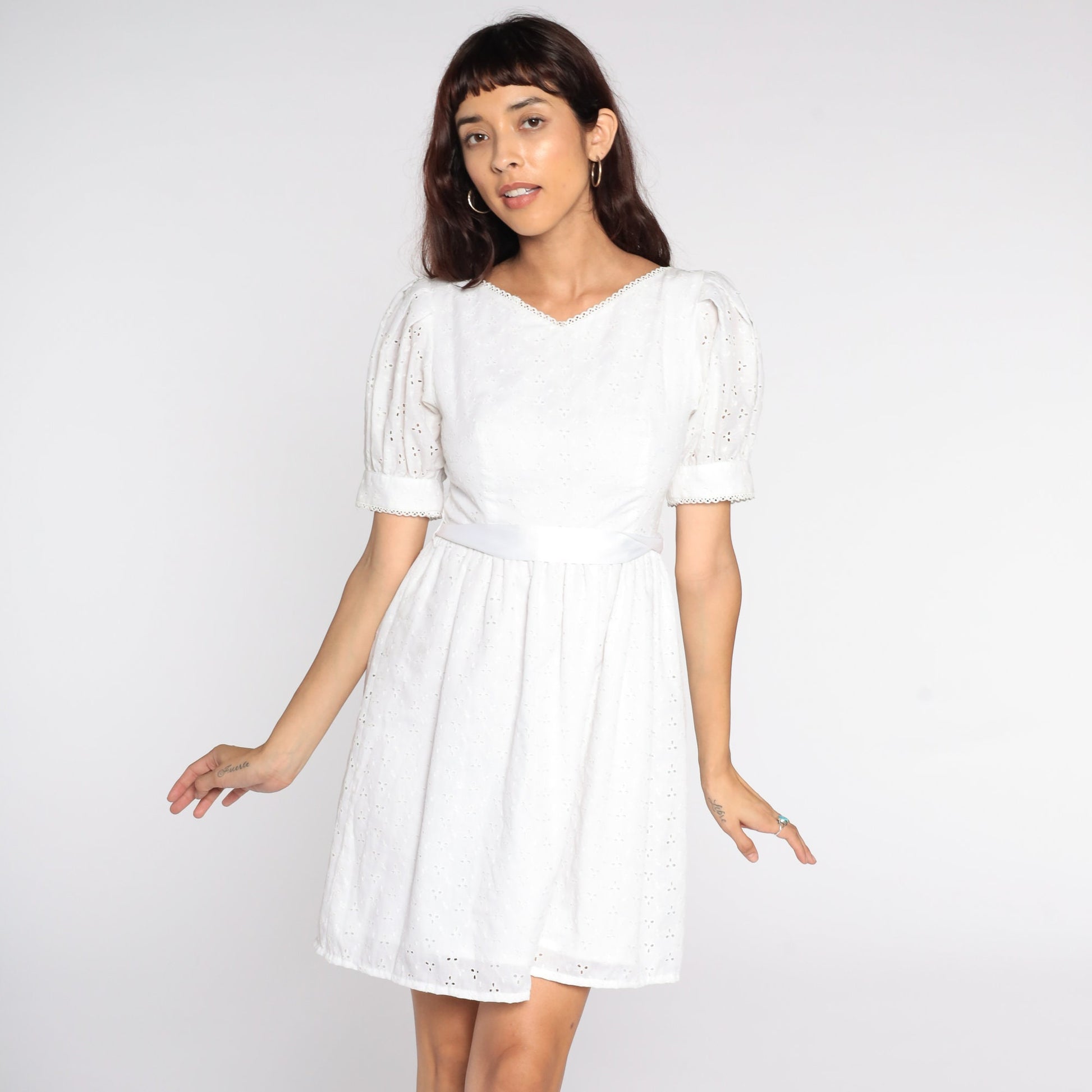 80s Lanz White Eyelet Midi Dress Puff Sleeve High Waist Extra Small