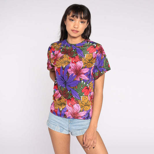 80s Purple Floral Shirt Keyhole Back Short Sleeve Blouse Small S
