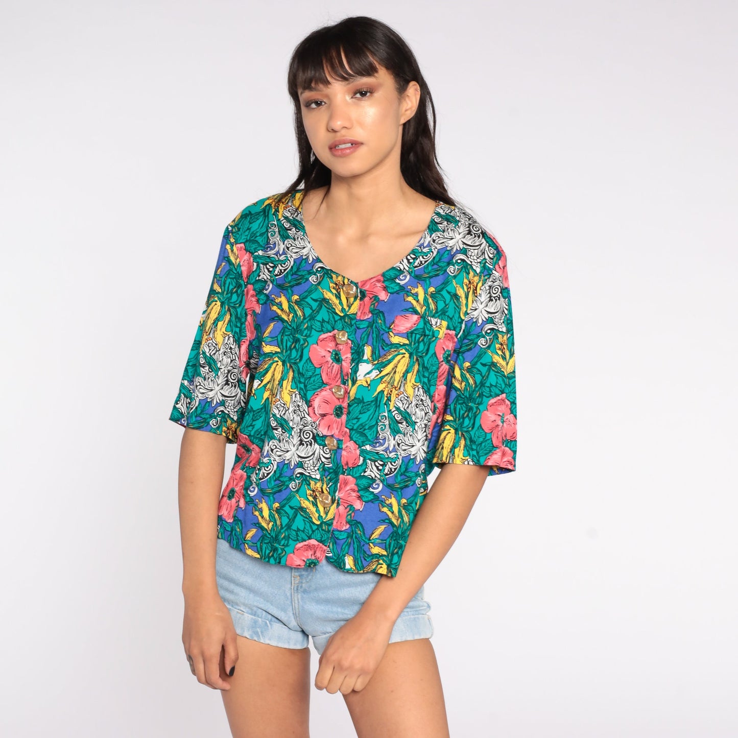 80s Tropical Floral Button Up Blouse Short Sleeve Blue Green Medium Large