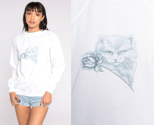 80s Cat Graphic Sweatshirt White Kitten Print Crewneck Medium