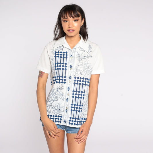 70s Floral Print Button-Up Shirt White Dark Blue Short Sleeve Medium