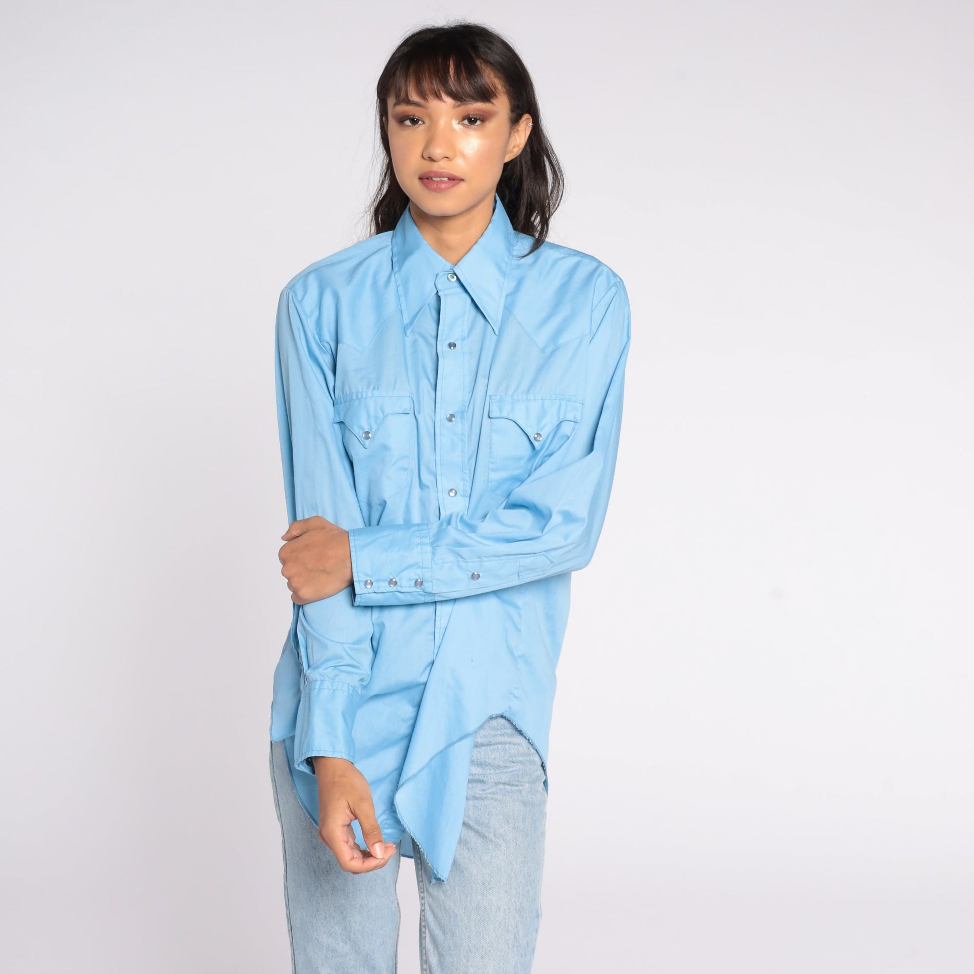 70s Blue Western Button-Up Shirt Long Sleeve Cotton Blend Medium