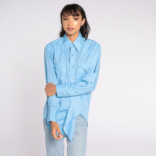 70s Blue Western Button-Up Shirt Long Sleeve Cotton Blend Medium