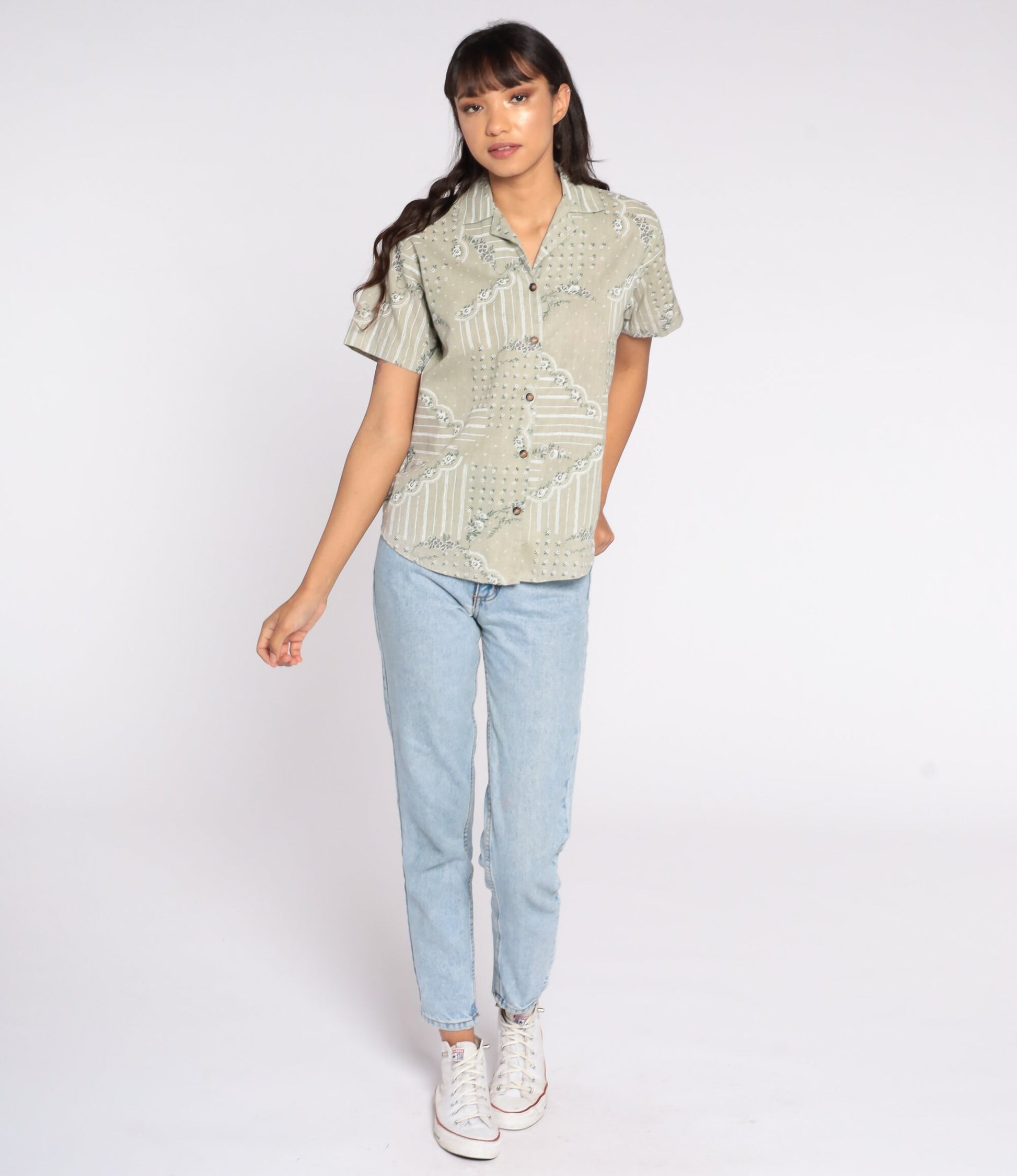 80s Taupe Floral Button-Up Blouse Short Sleeve Petite Small